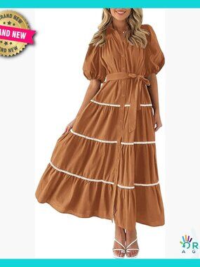 Summer Maxi Dress Puffy Sleeve Tiered Ruffle Flowy Button Down Shirt Dress